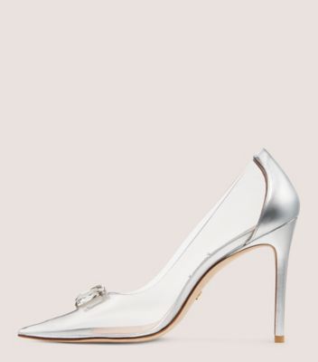 Stuart Weitzman,Mule avec cristaux 100,Pump,PVC et cuir métallique liquide,Transparent/Argent