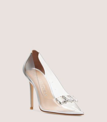 Stuart Weitzman,Mule avec cristaux 100,Pump,PVC et cuir métallique liquide,Transparent/Argent,Side View