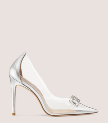 Stuart Weitzman,Mule avec cristaux 100,Pump,PVC et cuir métallique liquide,Transparent/Argent,Front View