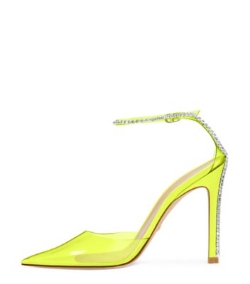 Stuart Weitzman,Escarpin à sangle Stuart Glam 110,Cuir et cristal,Jaune fluorescent/Jaune fluorescent/Clair