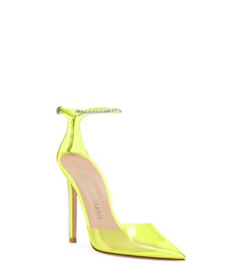 Stuart Weitzman,Stuart Glam 110 Strap Pump,Leather & crystal,Neon Yellow/Neon Yellow/Clear,Side View