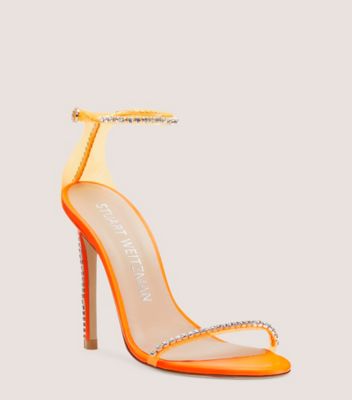 Stuart Weitzman,Nudistglam 110 Sandal,Sandal,Leather & crystal,Neon Blaze/Neon Blaze/Clear,Side View