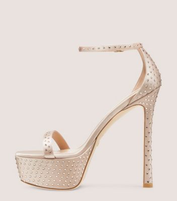 Stuart Weitzman,NUDISTCURVE HOLLYWOOD SHINE SANDAL,Leather,Satin,Rubber,Sandals,Crystal,Embellished,Rhinestones,Party,Champagne,Metallic