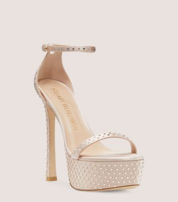 Stuart Weitzman,NUDISTCURVE HOLLYWOOD SHINE SANDAL,Leather,Satin,Rubber,Sandals,Crystal,Embellished,Rhinestones,Party,Champagne,Metallic,Side View