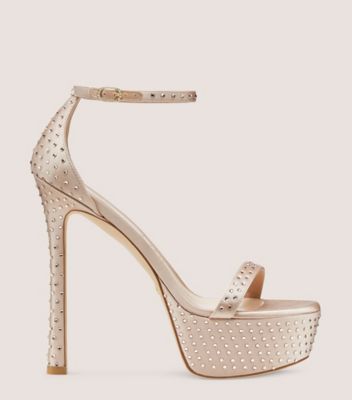 Stuart Weitzman,NUDISTCURVE HOLLYWOOD SHINE SANDAL,Leather,Satin,Rubber,Sandals,Crystal,Embellished,Rhinestones,Party,Champagne,Metallic,Front View