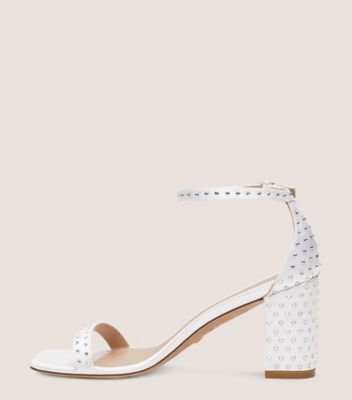 Stuart Weitzman,Sandale à talon bloc Nudistcurve Shine 75,Sandal,Satin et cristal,Blanc/Clair de lune