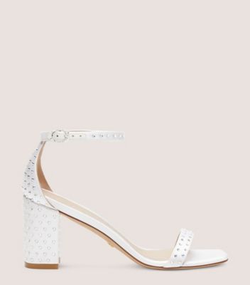 Stuart Weitzman,Sandale à talon bloc Nudistcurve Shine 75,Sandal,Satin et cristal,Blanc/Clair de lune,Front View