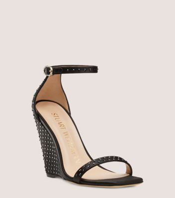 Stuart Weitzman,Nudistshine 100 Wedge,Sandal,Satin & crystal,Black & Graphite,Side View