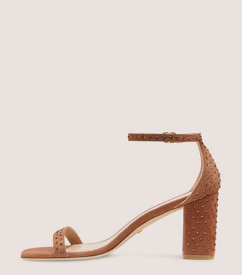 Stuart Weitzman,Nudistcurve 75 Block Shine Sandal,Sandal,Suede & Swarovski crystals,Cappuccino