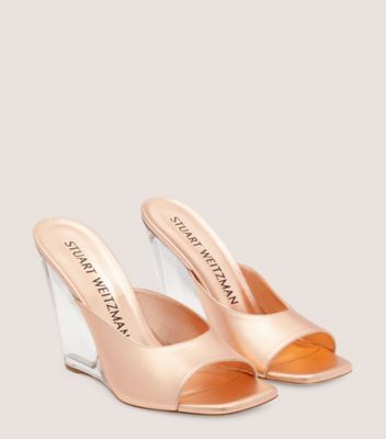 Stuart Weitzman,Tia 100 Lucite Wedge,Slide,Liquid Metallic Leather,Rose Gold,Angle View