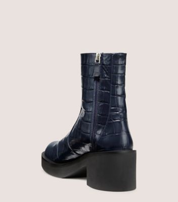 Stuart Weitzman,GOTHAM ZIP BOOTIE,Leather,Rubber,Bootie,Casual,Navy,Back View
