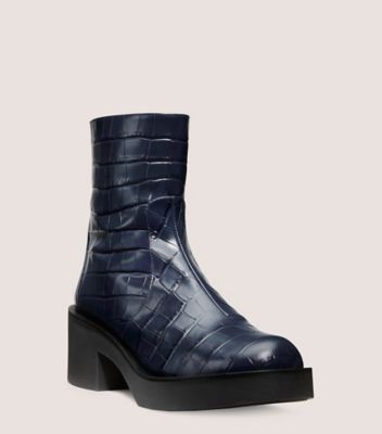 Stuart Weitzman,GOTHAM ZIP BOOTIE,Leather,Rubber,Bootie,Casual,Navy,Side View