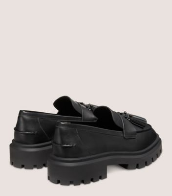 Stuart Weitzman,ULTRA LUG TASSEL LOAFER,Leather,Rubber,Flats,Loafer,Penny Loafer,Tassel,Casual,Black,Back View