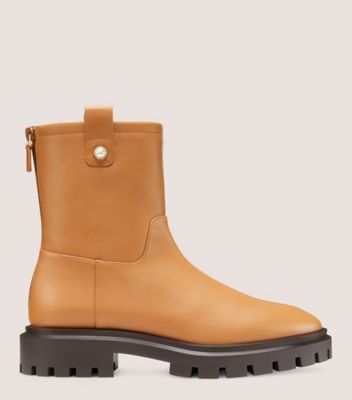 Stuart Weitzman,PEARLY MOTO BOOTIE,Leather,Bootie,Pearl,Pull Tab,Casual,Brown,Front View