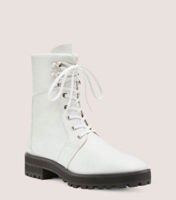 Stuart Weitzman,PEARLY COMBAT BOOTIE,Leather,Rubber,Combat,Pull Tab,Casual,White
