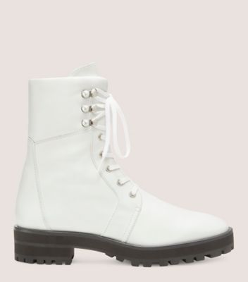 Stuart Weitzman,PEARLY COMBAT BOOTIE,Leather,Rubber,Combat,Pull Tab,Casual,White