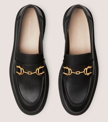 Stuart Weitzman,OWEN BUCKLE ULTRA LUG LOAFER,Leather,Rubber,Flats,Loafer,Penny Loafer,Metal,Gold Metal,Work,Black,Top View