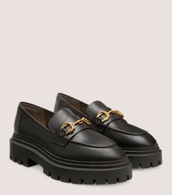 Stuart Weitzman,OWEN BUCKLE ULTRA LUG LOAFER,Leather,Rubber,Flats,Loafer,Penny Loafer,Metal,Gold Metal,Work,Black,Angle View