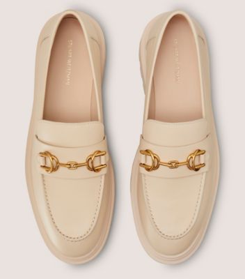 Stuart Weitzman,OWEN BUCKLE ULTRA LUG LOAFER,Leather,Rubber,Flats,Loafer,Penny Loafer,Metal,Gold Metal,Work,Beige