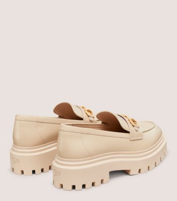 Stuart Weitzman,OWEN BUCKLE ULTRA LUG LOAFER,Leather,Rubber,Flats,Loafer,Penny Loafer,Metal,Gold Metal,Work,Beige