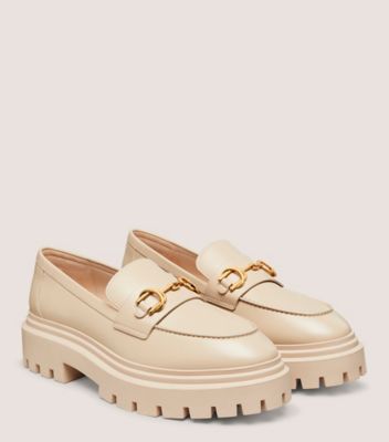 Stuart Weitzman,OWEN BUCKLE ULTRA LUG LOAFER,Leather,Rubber,Flats,Loafer,Penny Loafer,Metal,Gold Metal,Work,Beige