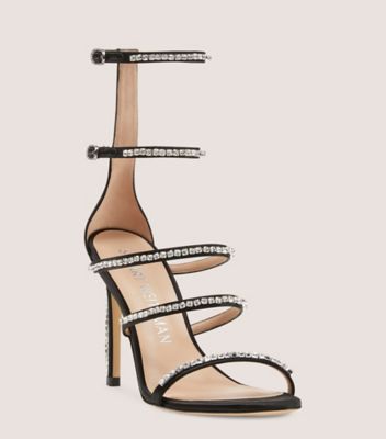 Stuart Weitzman,Nudistglam 100 Gladiator Sandal,Sandal,Satin & crystal,Black & Clear,Side View