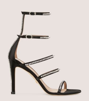 Stuart Weitzman,Nudistglam 100 Gladiator Sandal,Sandal,Satin & crystal,Black & Clear,Front View