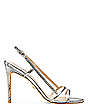 Stuart Weitzman,Mondrian 100 Sandal,Sandal,Metallic watersnake leather & PVC,Silver & Clear,Front View