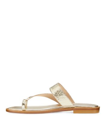 Stuart Weitzman,Lyla Flat Sandal,Slide,Metallic watersnake leather,Platino Gold