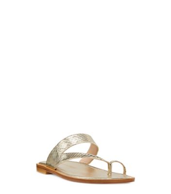 Stuart Weitzman,Lyla Flat Sandal,Slide,Metallic watersnake leather,Platino Gold,Side View