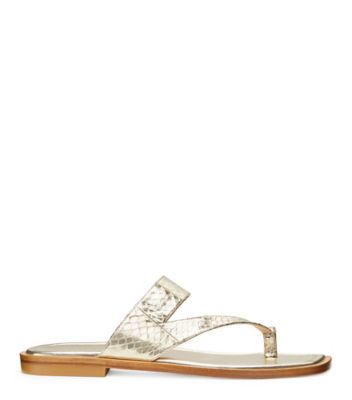 Stuart Weitzman,Lyla Flat Sandal,Slide,Metallic watersnake leather,Platino Gold,Front View