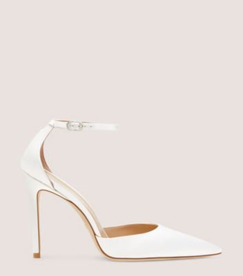 Stuart Weitzman,STUART 100 STRAP PUMP,Satin,Leather,Pumps,D Orsay,Formal,White,Front View