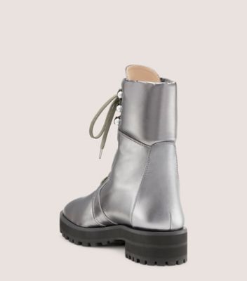 Stuart Weitzman,PEARLY COMBAT BOOTIE,Leather,Combat,Pearl,Pull Tab,Casual,Metallic,Silver,Back View