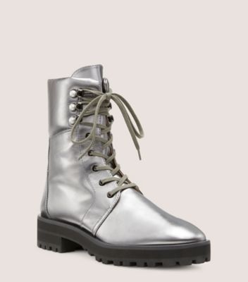 Stuart Weitzman,PEARLY COMBAT BOOTIE,Leather,Combat,Pearl,Pull Tab,Casual,Metallic,Silver,Side View