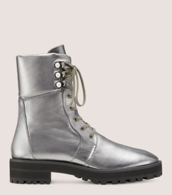 Stuart Weitzman,PEARLY COMBAT BOOTIE,Leather,Combat,Pearl,Pull Tab,Casual,Metallic,Silver,Front View