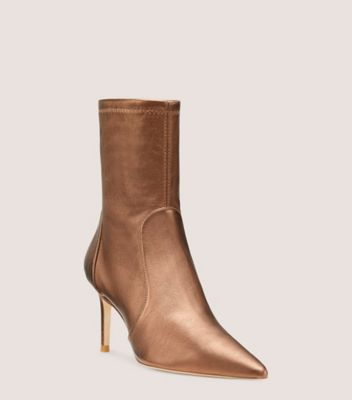 Stuart Weitzman,Stuart 75 Stretch Bootie,Bootie,Metallic Stretch Nappa Leather,Bronze