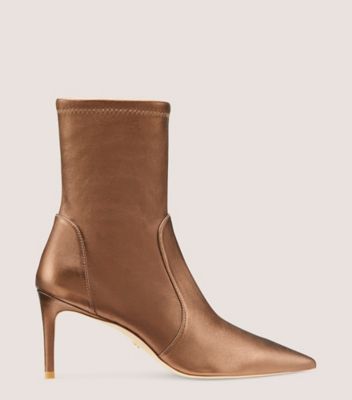 Stuart Weitzman,STUART 75 STRETCH BOOTIE,Metallic,Leather,Nappa Leather,Bootie,Sock,Day Party,Metallic,Bronze,Front View