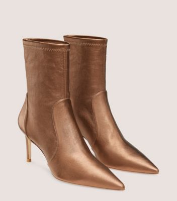 Stuart Weitzman,Stuart 75 Stretch Bootie,Bootie,Metallic Stretch Nappa Leather,Bronze,Angle View