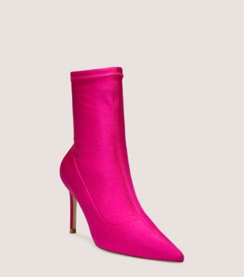 Stuart Weitzman,STUART 85 STRETCH BOOTIE,Satin,Leather,Rubber,Bootie,Sock,Party,Fuchsia,Side View