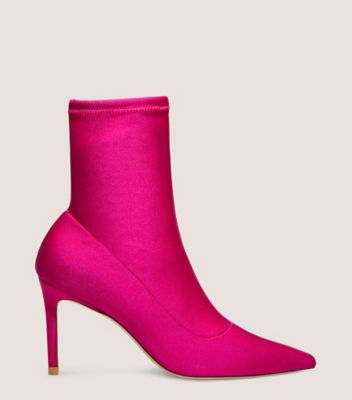 Stuart Weitzman,STUART 85 STRETCH BOOTIE,Satin,Leather,Rubber,Bootie,Sock,Party,Fuchsia,Front View