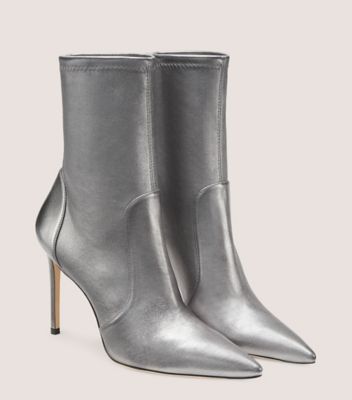 Stuart Weitzman,STUART 100 STRETCH BOOTIE,Bootie,Metallic Stretch Nappa Leather,Gunmetal,Angle View