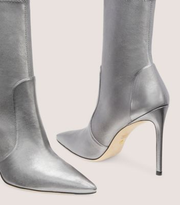 Stuart Weitzman,STUART 100 STRETCH BOOTIE,Bootie,Metallic Stretch Nappa Leather,Gunmetal,Detailed View