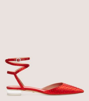 Stuart Weitzman,Glam Wrap Flat,Flat,Satin & crystal,Lipstick Red,Front View
