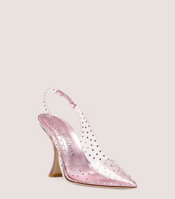 Stuart Weitzman,GLAM XCURVE 100 SLINGBACK,Leather,Rubber,Pumps,Crystal,PVC,Embellished,Rhinestones,Sheer,Party,Pink,Clear,Side View