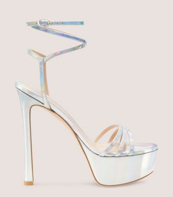 Stuart Weitzman,Soiree 145 Platform Sandal,Sandal,Iridescent patent leather,Silver,Front View