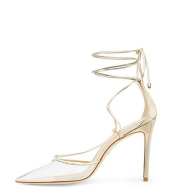 Stuart Weitzman,STUART LACE-UP 100 PUMP,Leather,Rubber,Pumps,PVC,Color Block,Mixed Media,Sheer,Cocktail,Gold,Metallic