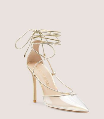 Stuart Weitzman,STUART LACE-UP 100 PUMP,Leather,Rubber,Pumps,PVC,Color Block,Mixed Media,Sheer,Cocktail,Gold,Metallic