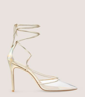 Stuart Weitzman,Stuart Lace-Up 100 Pump,Pump,Textured iridescent patent & PVC,Platino/Clear,Front View