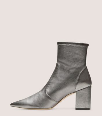 Stuart Weitzman,Bottine extensible à talon bloc Stuart 75,Bootie,Cuir nappa extensible métallique,Bronze industriel