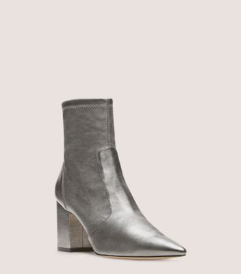 Stuart Weitzman,Stuart 75 Block Stretch Bootie,Bootie,Metallic Stretch Nappa Leather,Gunmetal,Side View